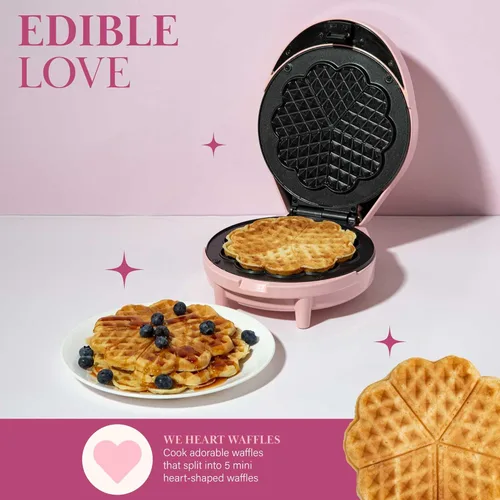 Vista 4 de Paris Hilton Máquina para hacer waffles de corazón, hace 5 mini waffles en forma de corazón o 1 waffle individual, placas antiadherentes fáciles