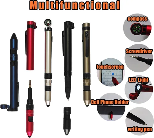Vista 4 de (5 unidades) Bolígrafo con luz LED, brújula multifuncional con para campamento, campamento de verano, senderismo, actividades al aire libre