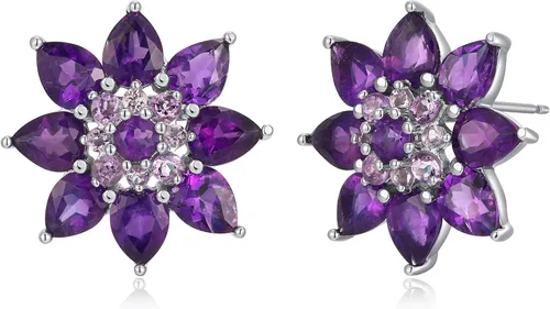 Pendientes de tuerca de plata de ley 925 chapada en rodio con forma de amatista púrpura genuina de 34 pulgadas, Metal Gema, Amatista