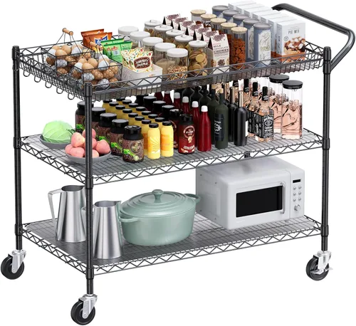 Vista 11 de WDT - Carrito utilitario rodante de gran capacidad de 680 libras, carritos rodantes de 2 niveles con ruedas, carrito de metal de grado comercial