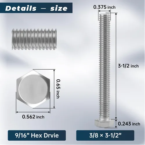 Vista 72 de 10 juegos Glvaner de tornillos de cabeza hexagonal de acero inoxidable 5/16-18 x 2", tuercas, arandelas planas y de seguridad, acero inoxidable 18-8