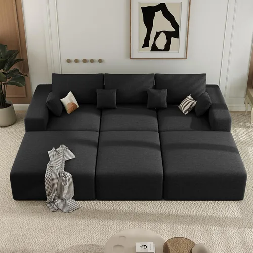 Vista 26 de Sofá cama seccional modular de 113", sofás de nube convertibles para sala de estar con otomana, juego de sofá cama de pana sin estructura de 6 Gris