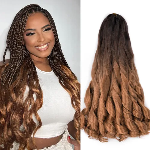 Vista 17 de Extensiones de cabello rizado francés, #4 marrón sintético para trenzar, 2.47 onzas/paquete, extensiones de cabello de ganchillo de 24 pulgadas, 8