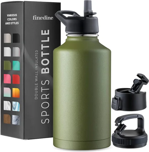 Vista 40 de FineDine Botellas de agua aisladas de triple pared con popote, botella de metal de acero inoxidable de 25 onzas con 3 tapas a prueba de fugas