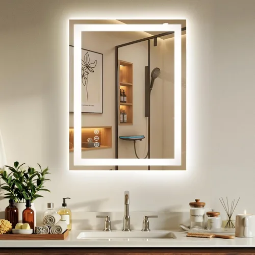 Vista 12 de Espejo de baño LED de 16 x 24 pulgadas con luces, antiniebla, retroiluminado + luz frontal, espejo de tocador de baño iluminado para pared, función