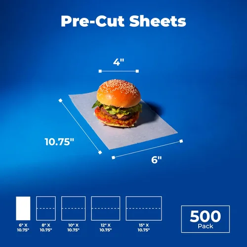 Fit Meal Prep [Paquete de 500] Hojas de papel encerado de 6 x 10.75" para alimentos, papel de delicatessen precortado interplegado, envolturas de