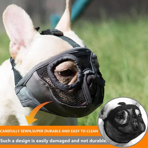 Vista 5 de Bozal para perro de hocico corto - Bozal ajustable transpirable de redecilla para bulldog para morder, masticar, lamer, entrenamiento, aseo de perro
