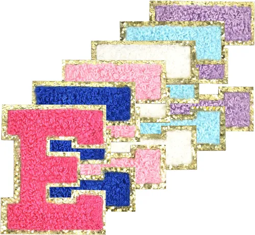 Vista 12 de 6 piezas de parches de letras de chenilla autoadhesivas con purpurina para planchar, parches de letras universitarias estilo preppy, letras difusas