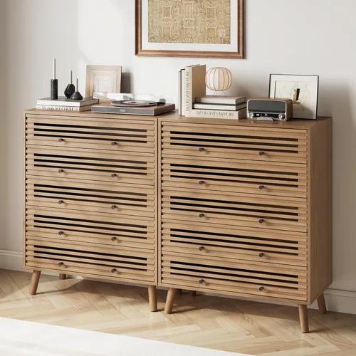 Vista 8 de Furnify Cómoda de 5 cajones para dormitorio, cómoda de listones moderna de mediados de siglo, cómoda de madera organizadora para dormitorio, sala