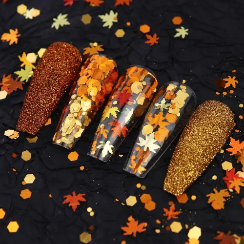 Vista 3 de Decoración de uñas de otoño dorada, con purpurina y hojas de arce, accesorios de decoración de uñas de hojas de arce 3D, diseños profesionales