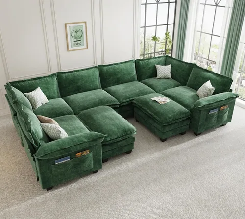 Vista 39 de KKL Sofá cama modular seccional, sofá de nube de 4 plazas con otomana, sofás seccionales de felpilla para sala de estar, apartamento, beige