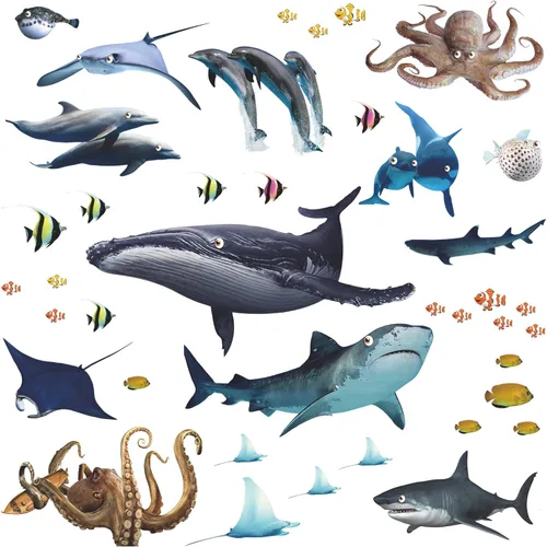 Adhesivo de pared extraíble 3D de peces marinos bajo el mar, calcomanías de pared de animales marinos, ballenas, tiburones, calamares, decoración de