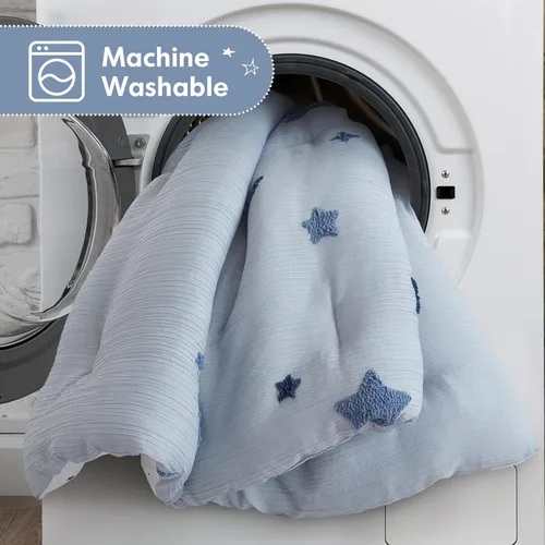 Vista 8 de Intelligent Design Cosmos - Juego de edredón infantil tamaño individual – Chenilla copetuda con estrella azul y luna, ropa de cama reversible de 2
