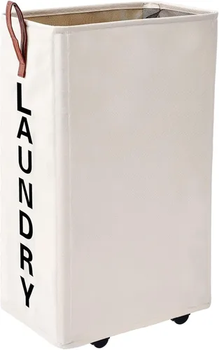 Vista 11 de Cesta de lavandería grande de 92 litros con mango de cuero, cesta de lavandería estable con ruedas, canasta grande, cesta de lavandería con ruedas
