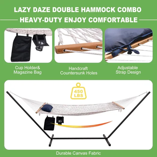 Vista 3 de Lazy Daze Hammocks Hamaca de doble cuerda con soporte incluido, cuerda de algodón tradicional de 12 pies con almohada para exterior, patio trasero