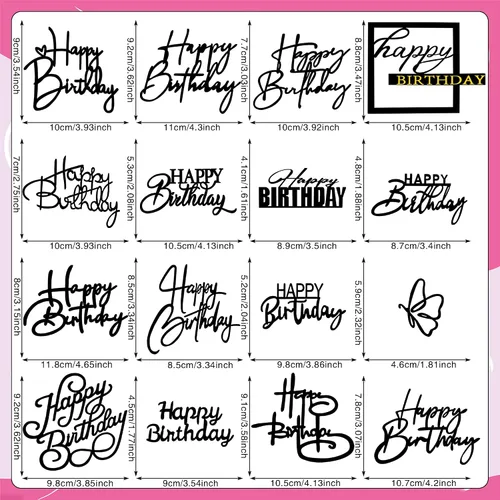 Vista 2 de 15 piezas de adornos de acrílico negros para tartas, cupcakes, postres, 15 estilos