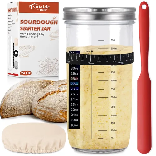 Kit de tarro para inicio de masa madre, tarro para inicio de masa madre de 650ml con termómetro, raspador de silicona, cubierta de tela y tapa de