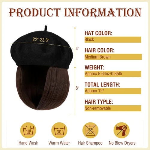 Vista 3 de Gorro de boina con extensiones de cabello, sombrero clásico de lana francesa adjunta, 12 pulgadas, lacio, corto, Bob sintético, para mujer, marrón