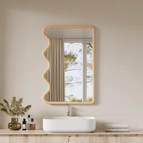 Vista 11 de ULIKE Espejo rectangular de madera con marco de cuentas de madera natural, 24 x 36 pulgadas, espejo de pared rústico de granja para baño, guardería