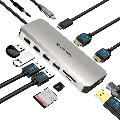 WAVLINK Estación de acoplamiento USB C monitores HDMI duales, concentrador USB C de pantalla triple 12 en 1, adaptador multipuerto con HDMI 4K dual,
