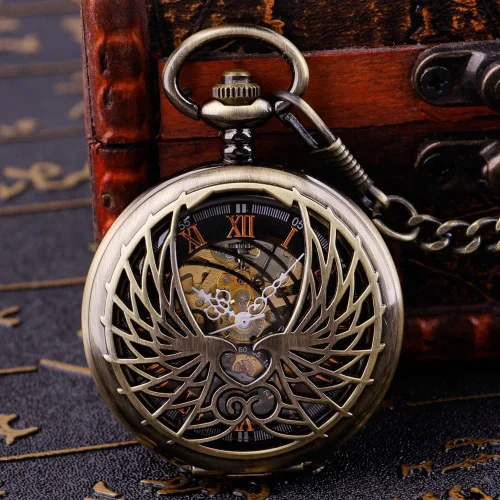 Vista 4 de Bronze Men's Antique Mechanical Pocket Watch, Skeleton Mechanical Roman Numerals Pocket Watch with Chain + Box