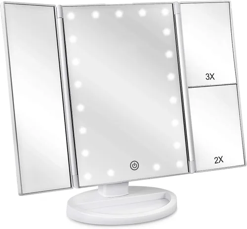 Vista 11 de deweisn Espejo de tocador iluminado de tres pliegues con 21 luces LED, pantalla táctil y aumento 3X/2X/1X, dos modos de fuente de alimentación
