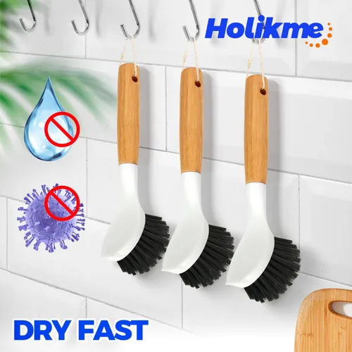 Vista 17 de Holikme Juego de 3 cepillos para platos con mango de bambú, cepillos de cocina para limpiar ollas, fregadero y estufa, limpiador de sartén