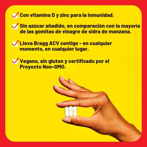 Vista 3 de Bragg - Cápsulas de vinagre de sidra – Vitamina D3 y zinc – 750 mg de ácido acético – Refuerzo inmune y de control del peso – sin transgénicos