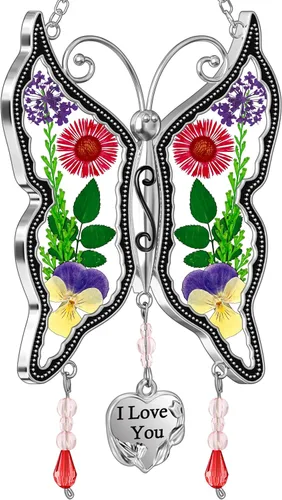 KY&BOSAM - Adorno consistente en cristales atrapaluz con forma de mamá mariposa, carillón de viento con forma de mariposa con alas con flores