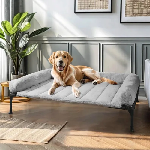 Vista 12 de Veehoo Cama elevada ortopédica para perro con cojín extraíble de felpa rosa de lujo, 59 x 37 pulgadas, cama lavable para perro, cuna elevada