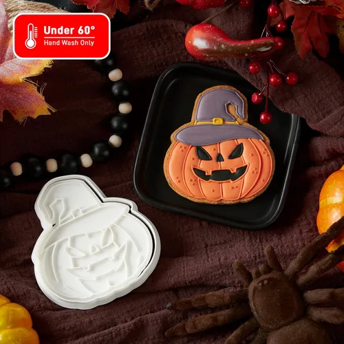 Vista 16 de Flycalf Cortadores de galletas de Halloween, formas de sombrero de bruja con sellos de émbolo, accesorios de horneado de ácido poliláctico