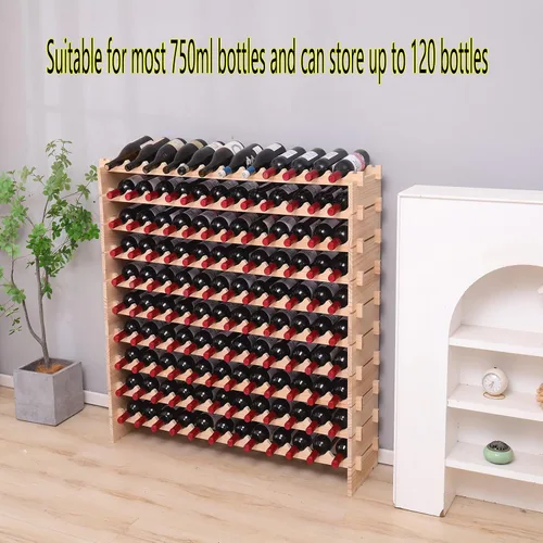Vista 9 de Estante modular de madera apilable para vino, 120 botellas, independiente, soporte para botellas de vino, estantes de exhibición Natural