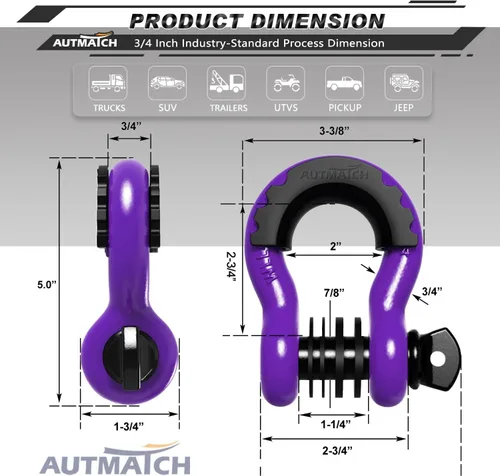 Vista 3 de AUTMATCH - Grilletes de anillo D de 3/4" (2 unidades) - Grillete de clevis con resistencia a la rotura de 41,887 Ib con tornillo de 7/8" y kit