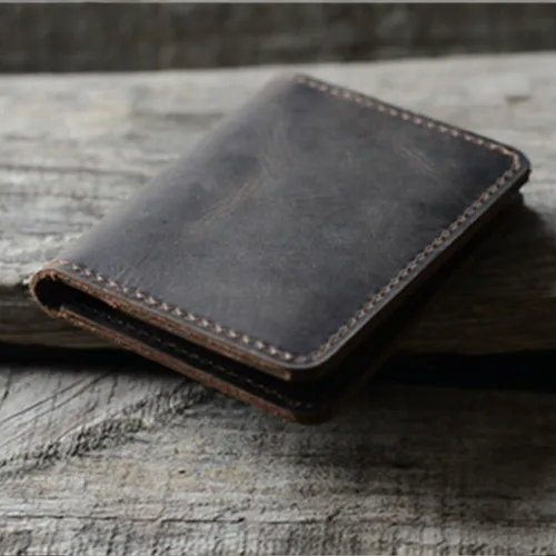 Vista 3 de JJNUSA Cartera de cuero minimalista hecha a mano para hombre, tarjetero, carteras desgastadas para regalos, marrón oscuro, Minimalista