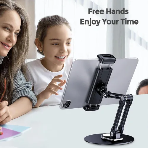 Vista 6 de Soporte para tableta para iPad, ajustable con base giratoria de 360 grados para escritorio, soporte giratorio de aluminio para tableta compatible
