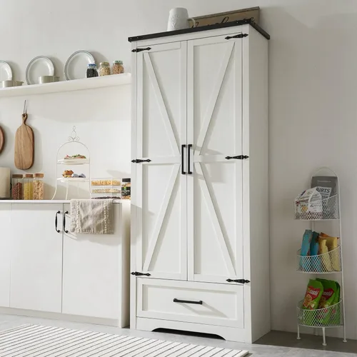 Vista 10 de Armario estilo casa de campo para despensa de cocina, muebles de madera de 72 pulgadas de alto con estantes ajustables, 2 puertas tipo granero