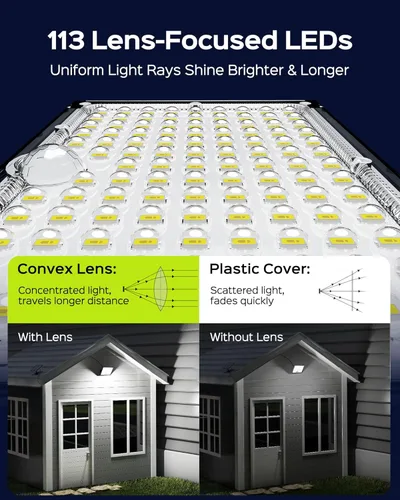 Vista 3 de JACKYLED - Luces de inundación con sensor de movimiento, 113 LED de luz blanca fría solares para exteriores, luces de seguridad LED impermeables