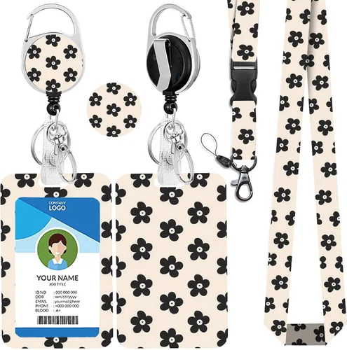 Vista 140 de Portatarjetas blanco con cordón para tarjetas de identificación, carrete retráctil negro con clip de mosquetón, tarjetero de identificación