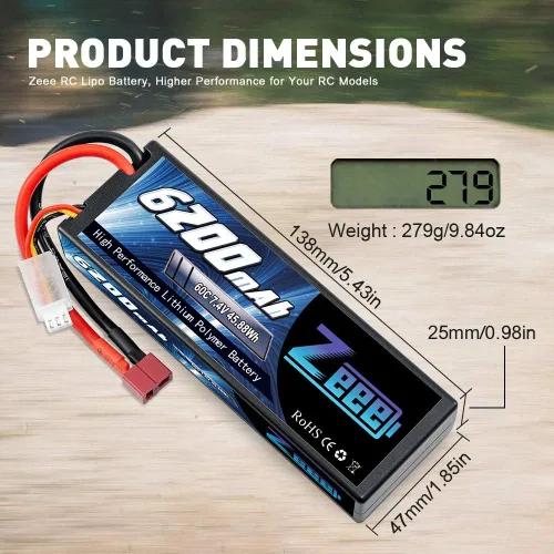 Vista 7 de Zeee Batería Lipo de 7.4V 2S 50C 5200mAh Lipos Hard Case T Connector 2 Pack con 2S Lipo Battery 6200mAh 7.4V 60C Hard Case Battery T Connector 2