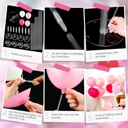 Vista 6 de Gejoy Juego de 4 soportes de globos rosas para centros de mesa, soportes de látex para globos de mesa para baby shower, cumpleaños, boda