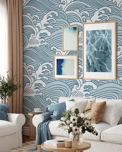 Papel tapiz de ondas azules | Papel tapiz de ondas autoadhesivas removibles | Papel tapiz para despegar y pegar (1 rollo de 24 pulgadas de ancho x