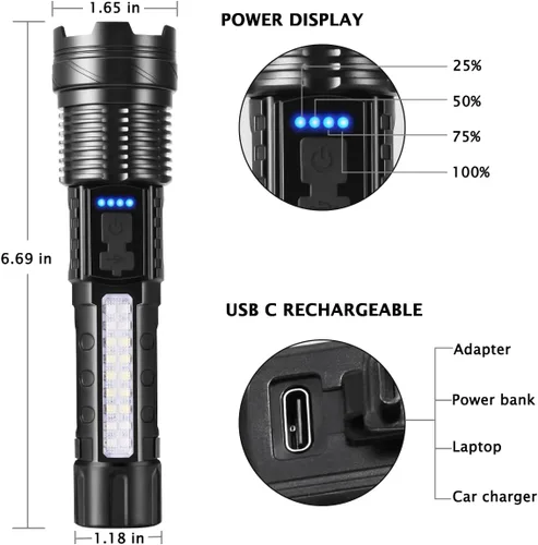 Vista 5 de Paquete de 3 linternas recargables, linternas tácticas de 7 modos de alto lúmenes, linterna súper brillante potente, linterna LED recargable, luz