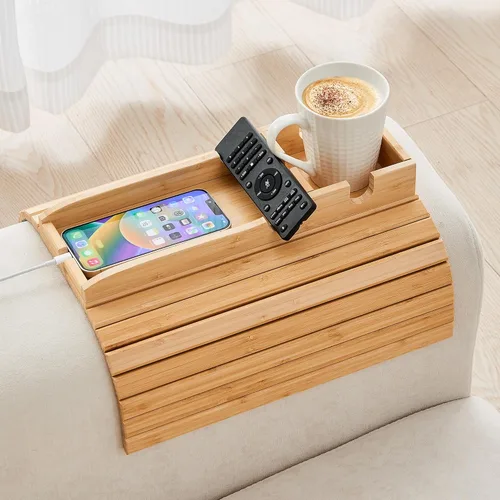 Vista 10 de GEHE Soporte para tazas de sofá de bambú, bandeja de brazo de sofá antiderrames, natural y fácil de limpiar, bandeja para reposabrazos perfecta