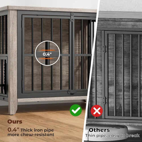 Vista 8 de Lulive Muebles de jaula para perros, perrera de madera para interiores con cuencos ajustables de 360° y altura para perros, muebles de puertas Gris