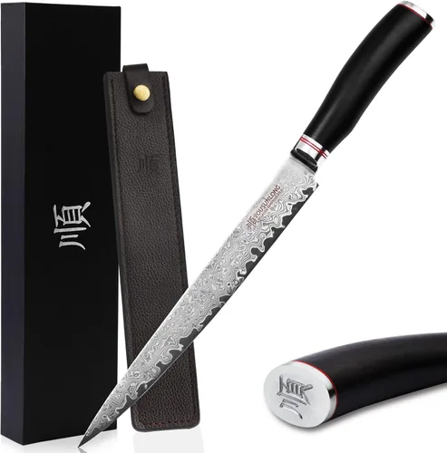 Vista 8 de YOUSUNLONG Cuchillo de filete de 10 pulgadas, cuchillo para tallar carne, cuchillo sashimi, 9.6 in, mano izquierda, acero de damasco martillado