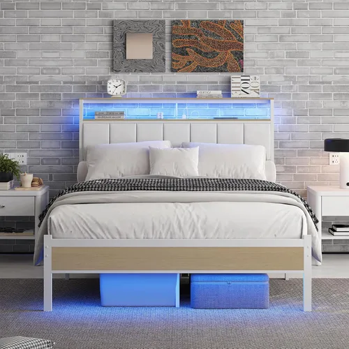 Vista 10 de CollaredEagle Base de cama de tamaño individual con luces LED, cabecera tapizada con estante de almacenamiento, marco de cama de plataforma con piel