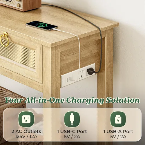 Vista 4 de SUPERJARE Mesa de sofá de ratán con tomas de corriente y puerto USB-C, mesa de entrada de 3 cajones con superficie de ratán sintético, estante