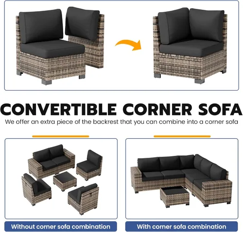 Vista 4 de Juego de muebles de patio, sofá modular de 6 piezas para exteriores con Amarillo-negro oscuro