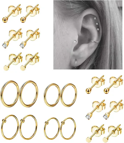 Vista 2 de 10 pares de aretes de acero inoxidable para cartílago, para hombres y mujeres