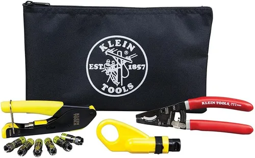 Klein Tools VDV026-211 Kit de instalación coaxial con herramienta de engarzado, cortador de cables, pelacables y conectores F con bolsa de